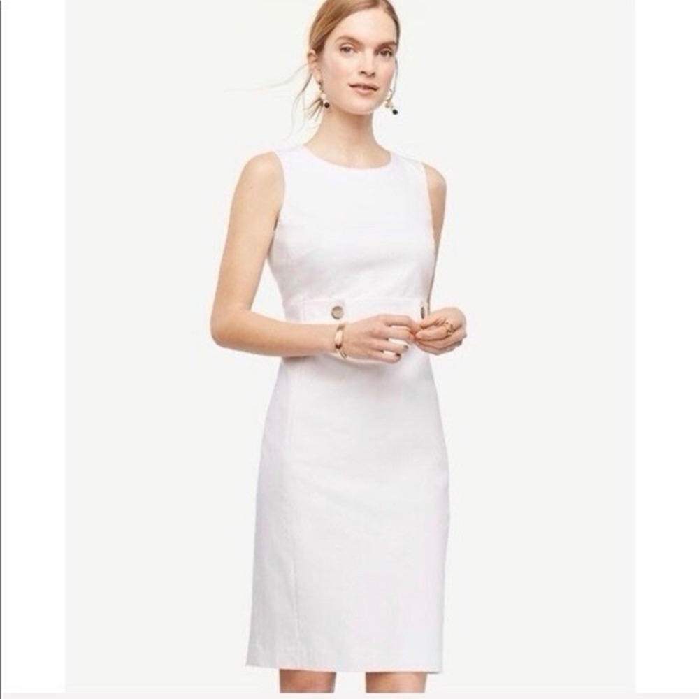 Ann Taylor Women 8 Sheath Dress White Button Tab Sleeveless Office Career Preppy